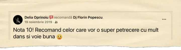 Delia Oprinoiu, 19 noiembrie 2019: Nota 10! Recomand celor care vor o super petrecere cu mult dans si voie buna.
